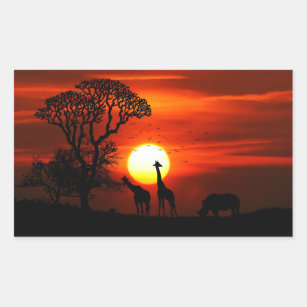African Safari Sunset Animal Silhouettes Rectangular Sticker