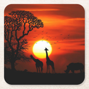 African Safari Sunset Animal Silhouettes Square Paper Coaster