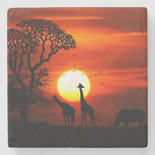 African Safari Sunset Animal Silhouettes Stone Coaster
