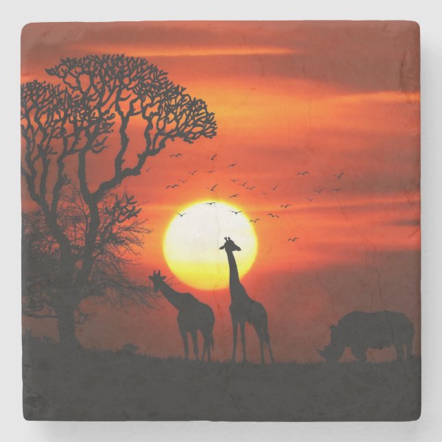 African Safari Sunset Animal Silhouettes Stone Coaster (Front)