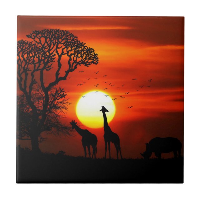 African Safari Sunset Animal Silhouettes Tile (Front)