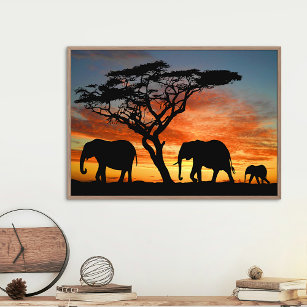 African Safari Sunset Elephant Silhouette Art Poster