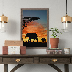 African Safari Sunset Elephant Silhouette Art Poster