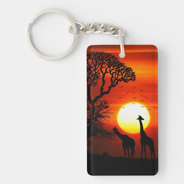 African Safari Sunset Giraffe Silhouettes Key Ring (Front)