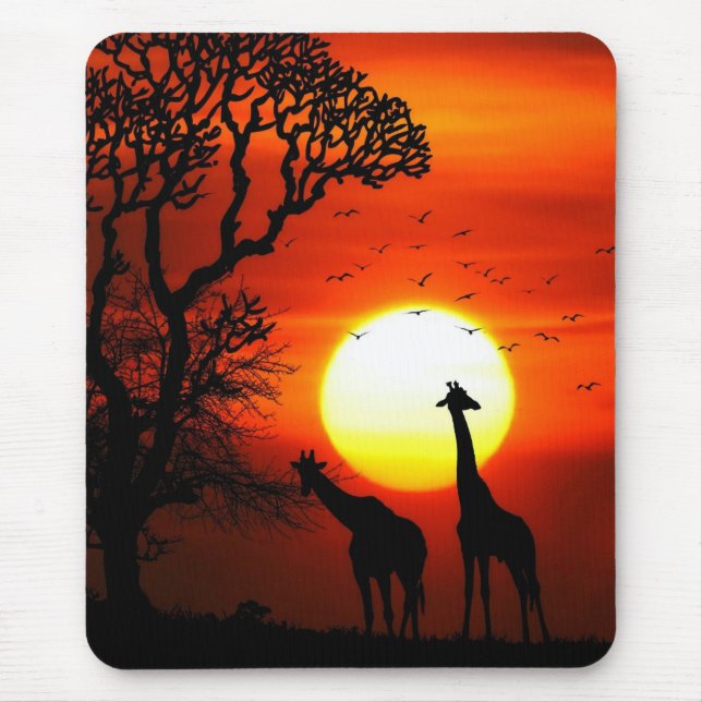 African Safari Sunset Giraffe Silhouettes Mouse Pad (Front)