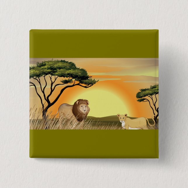 African Safari Sunset Lion and Lioness 15 Cm Square Badge (Front)