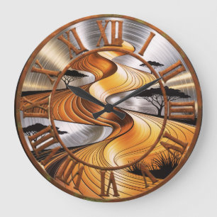 African Safari Sunset Metal Look Roman Numeral Wal Large Clock