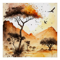 African Safari Sunset Watercolor with Acacia Tree