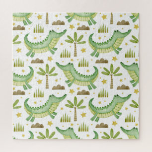 African Safari: Watercolor Crocodile & Palm Trees Jigsaw Puzzle