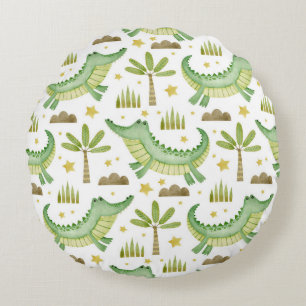 African Safari: Watercolor Crocodile & Palm Trees Round Cushion