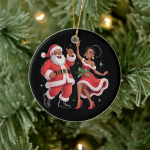 African Santa Mrs Claus Dancing American Christmas Ceramic Ornament
