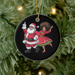 African Santa Mrs Claus Dancing American Christmas Ceramic Ornament