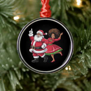 African Santa Mrs Claus Dancing American Christmas Metal Ornament