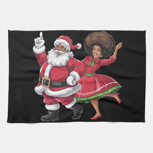 African Santa Mrs Claus Dancing American Christmas Tea Towel (Horizontal)