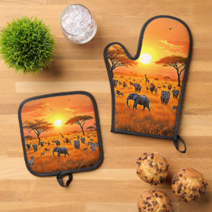 African Savanna Sunset Art Oven Mitt & Pot Holder Set