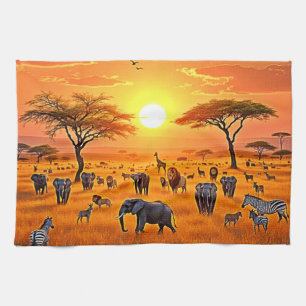 African Savanna Sunset Art Tea Towel