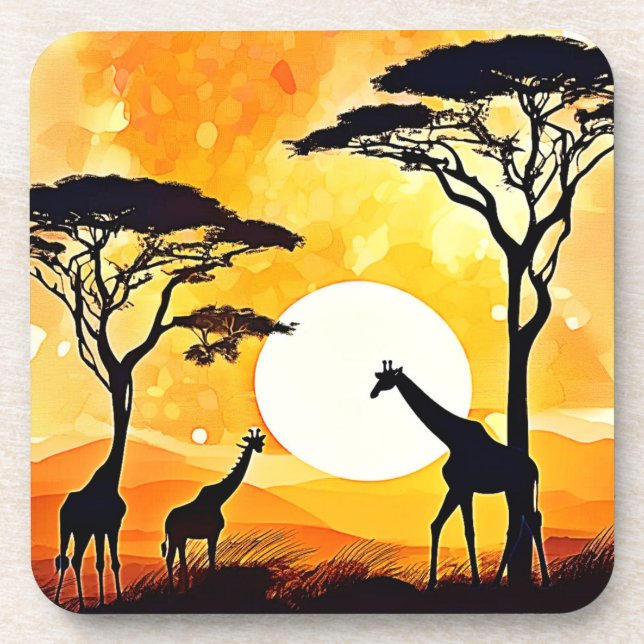 African Savannah Sunset Giraffe Scene Coaster (Front)