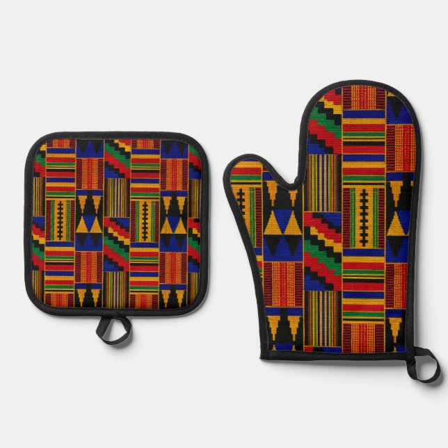 African Style Kente Cloth Pattern Oven Mitt & Pot Holder Set (Front)