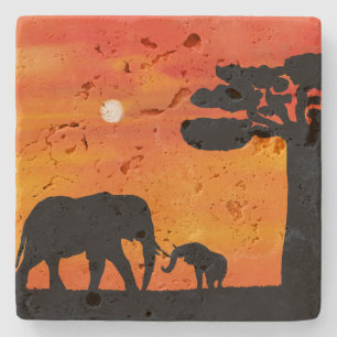 African Sunset Elephant Silhouette Stone Coaster