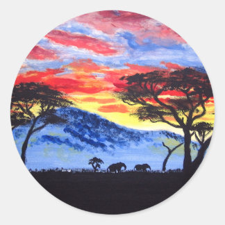African Sunset Safari Animal Silhouette Painting Classic Round Sticker
