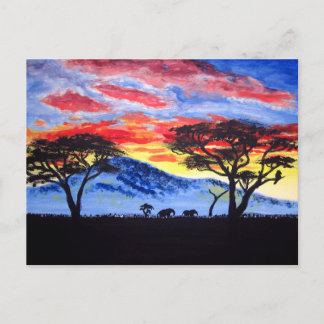 African Sunset Safari Animal Silhouette Painting Postcard
