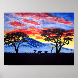 African Sunset Safari Animal Silhouette Painting Poster