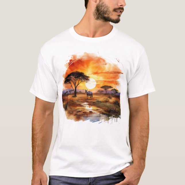 African Sunset Zebra Wildlife Art – Savannah Lands T-Shirt (Front)