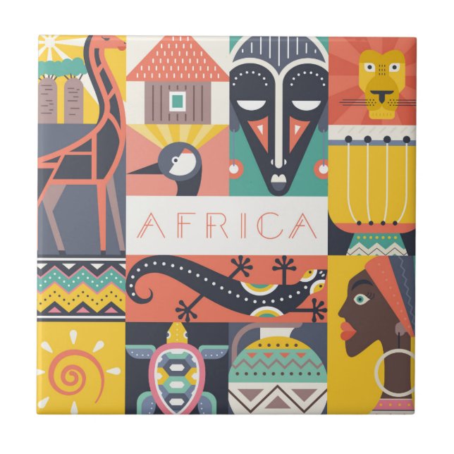 African Symbolic Art Collage Ceramic Tile (Front)