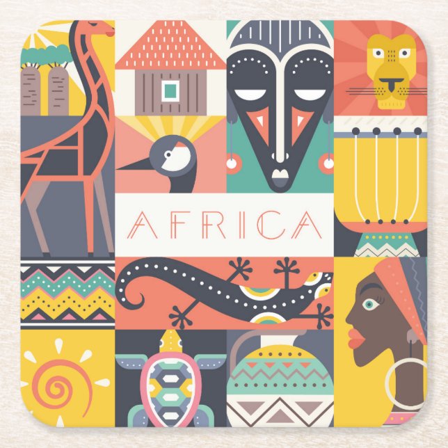 African Symbolic Art Collage Square Paper Coaster (Front)