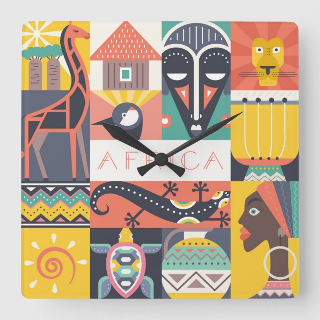 African Symbolic Art Collage Square Wall Clock (Front)