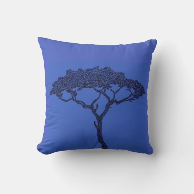 African tree black ink on dark blue cushion (Front)