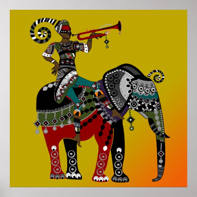 african tribal art musician riding elephant poster (Front)
