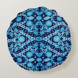 African Tribal Batik Blue Round Cushion