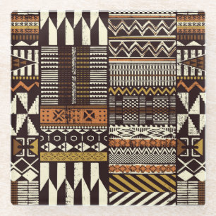 African tribal fabric, abstract vintage. glass coaster