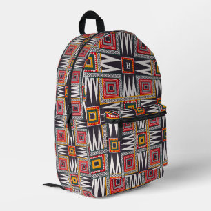 African tribal geometric pattern, monogram printed backpack
