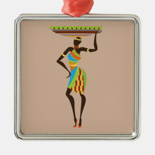 African Tribal Lady with basket tribal art Metal Ornament