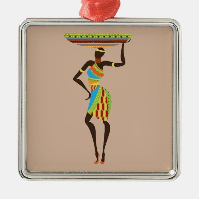 African Tribal Lady with basket tribal art Metal Ornament (Front)
