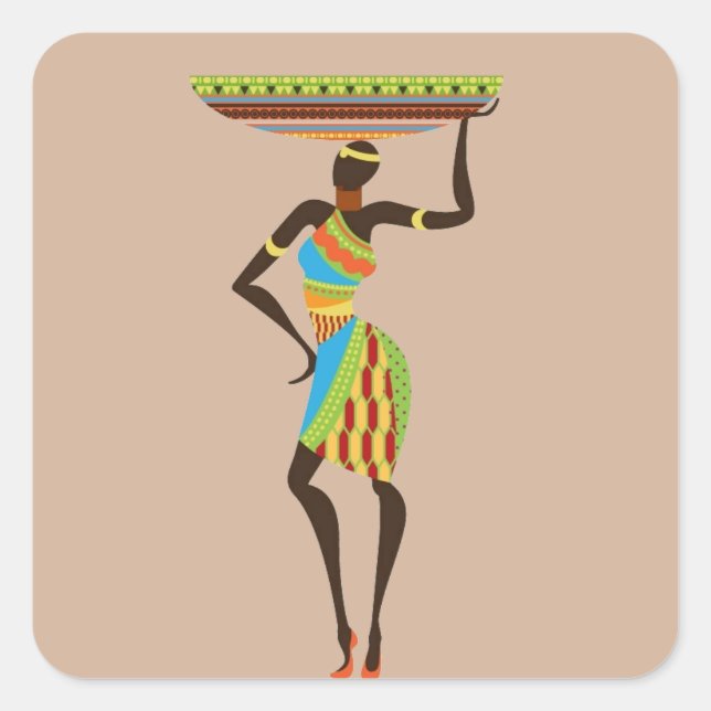 African Tribal Lady with basket tribal art Square Sticker (Front)