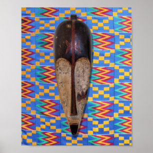 African Tribal Mask Blue Yellow Kente Cloth Poster