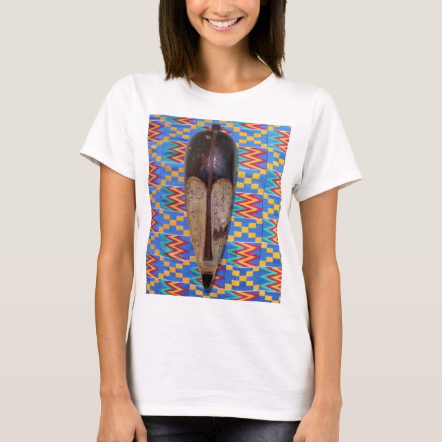 African Tribal Mask Blue Yellow Kente Cloth TShirt (Front)