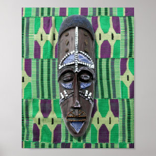 African Tribal Mask Cowrie Shells Orange Green  Poster