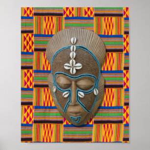 African Tribal Mask Cowrie Shells Orange Green  Poster