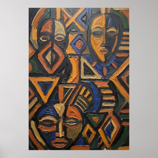 African Tribal Mask Geometric Bold Orange Blue Art Poster (Front)