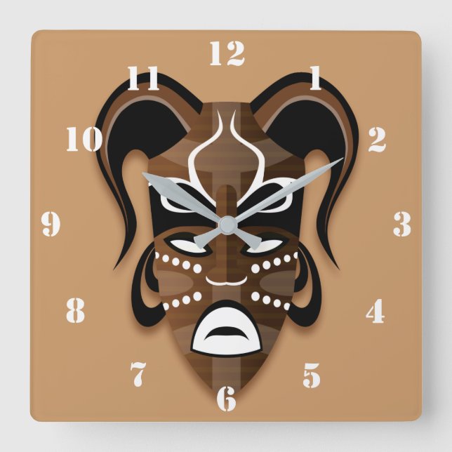 AFRICAN TRIBAL MASK IN CHOCOLATE BROWN SQUARE WALL CLOCK (Front)