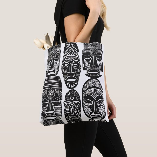 African Tribal Masks Black White Tote (Close Up)