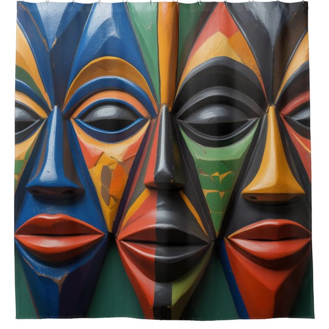 African Tribal  Masks Trio Dynamic Symmetry Shower Curtain (Front)