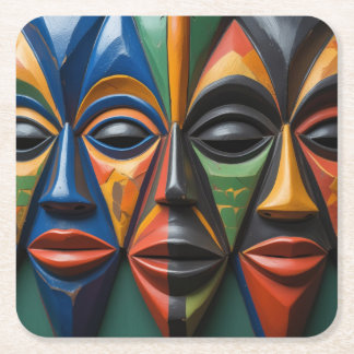 African  Tribal Masks Trio Dynamic  Symmetry  Square Paper Coaster
