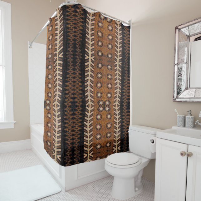 African Tribal Motif • Black, Brown & White Shower Curtain (In Situ)