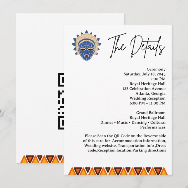African Tribal Pattern Wedding Details  QR Code Enclosure Card (Front/Back)