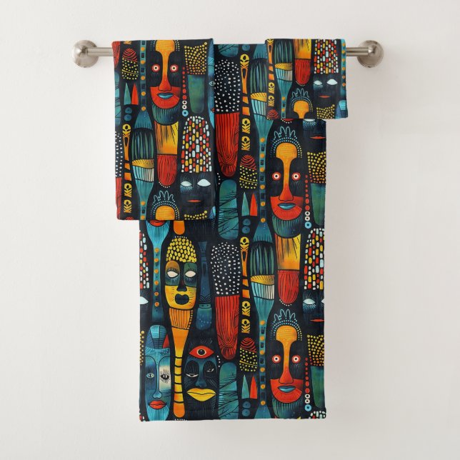African tribal pattern with idols. bath towel set (Insitu)